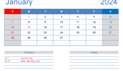 Download Free January Printable Calendar 2024 A4 Horizontal J4126