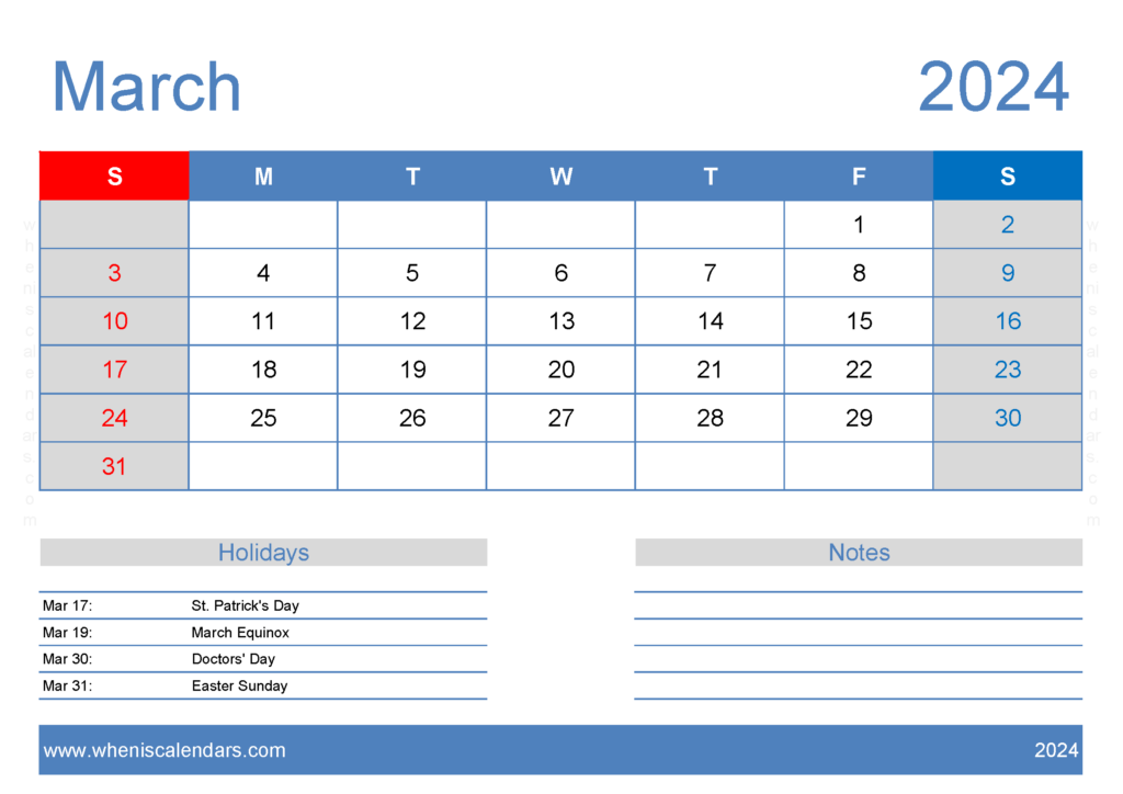 Download Free March Printable Calendar 2024 A4 Horizontal 34126
