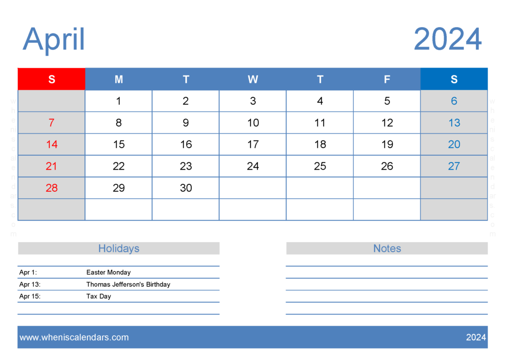 Download Free April Printable Calendar 2024 A4 Horizontal 44126