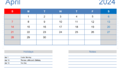 Blank month Calendar April 2024 A4406