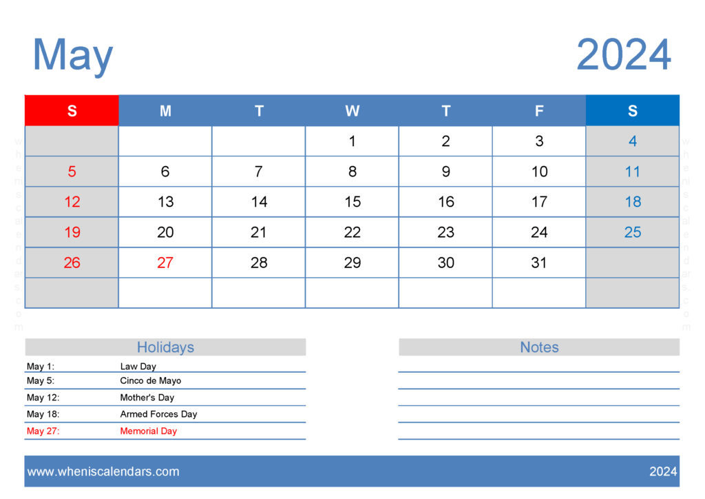 Download Free May Printable Calendar 2024 A4 Horizontal 54126