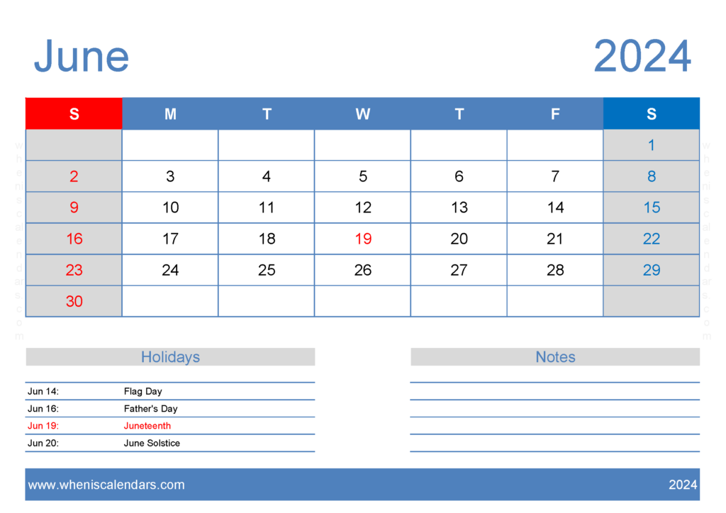 Download Free June Printable Calendar 2024 A4 Horizontal 64126