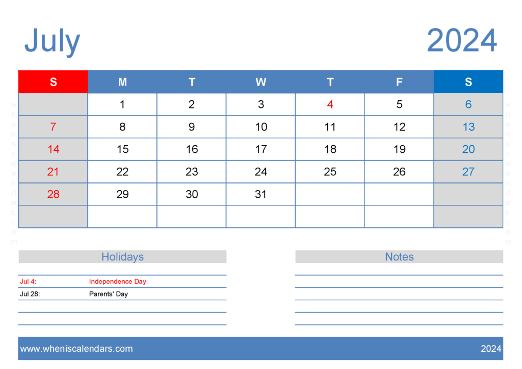 Download Free July Printable Calendar 2024 A4 Horizontal 74126