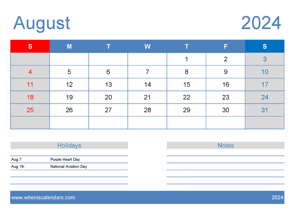 Download Free August Printable Calendar 2024 A4 Horizontal 84126