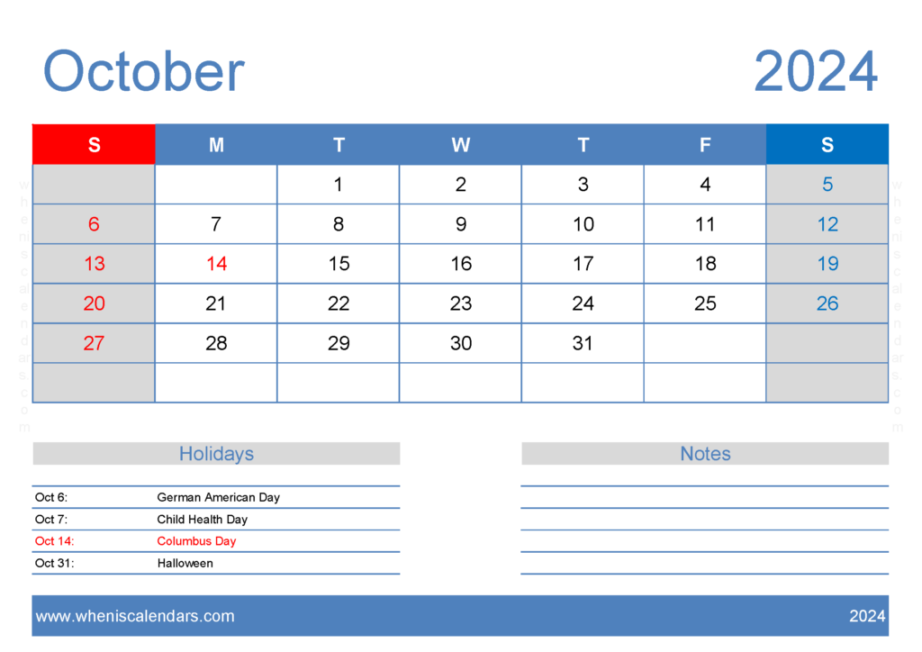 Download Free October Printable Calendar 2024 A4 Horizontal 104126