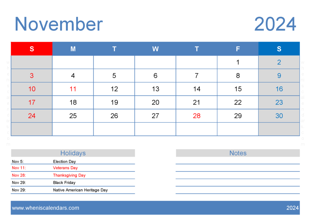 Download Free November Printable Calendar 2024 A4 Horizontal 114126