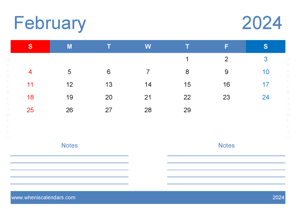Download Printable 2024 Calendar February A4 Horizontal 24207