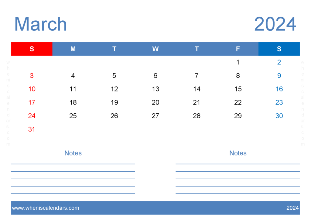 Download Printable 2024 Calendar March A4 Horizontal 34207