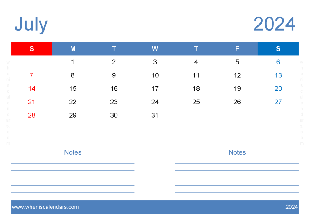 Download Printable 2024 Calendar July A4 Horizontal 74207