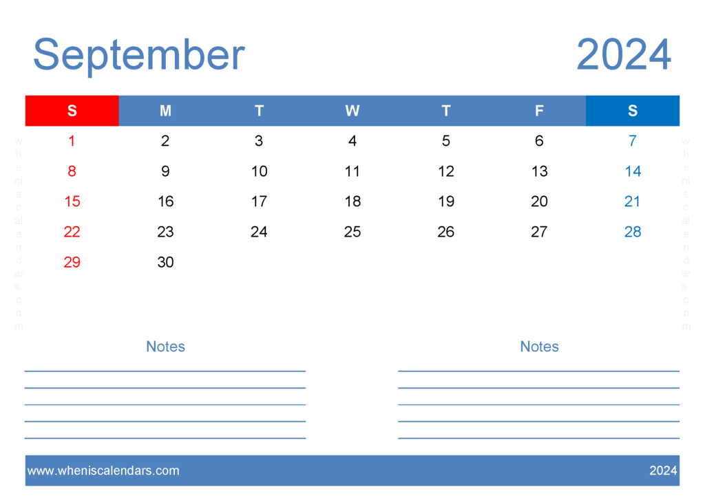 Download Printable 2024 Calendar September A4 Horizontal 94207