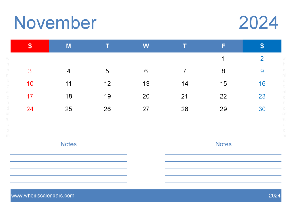 Download Printable 2024 Calendar November A4 Horizontal 114207