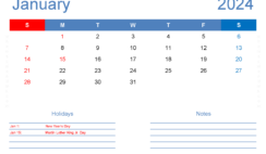Download 2024 January Calendar Template A4 Horizontal J4127