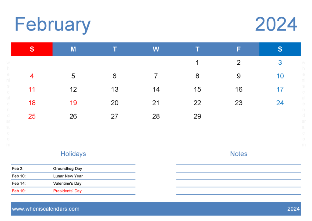 Download 2024 February Calendar Template A4 Horizontal 24127
