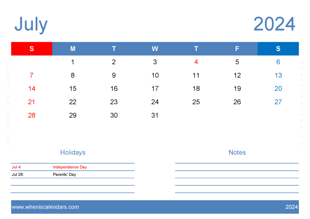 Download 2024 July Calendar Template A4 Horizontal 74127