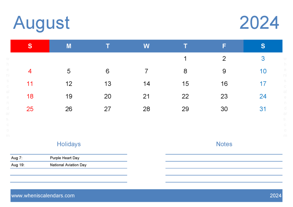 Download 2024 August Calendar Template A4 Horizontal 84127