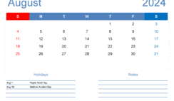 Aug Blank Calendar 2024 A8407
