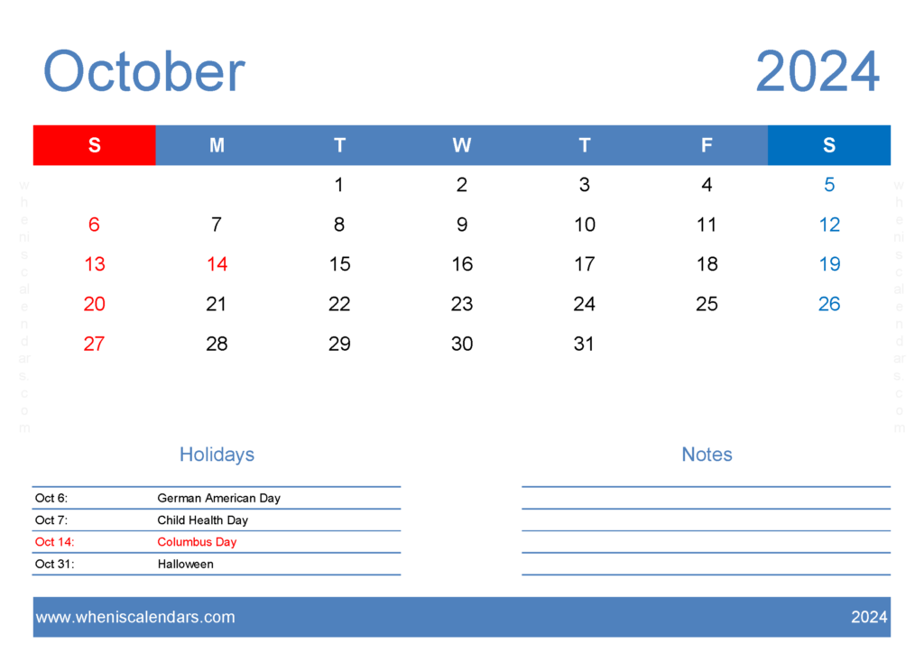Download 2024 October Calendar Template A4 Horizontal 104127
