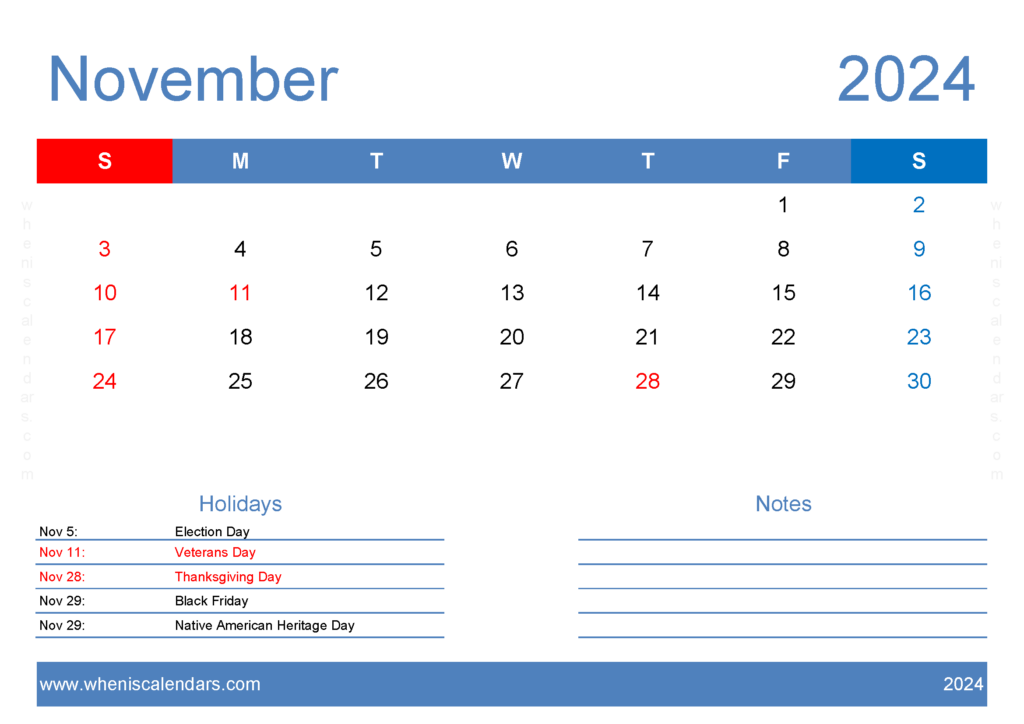 Download 2024 November Calendar Template A4 Horizontal 114127