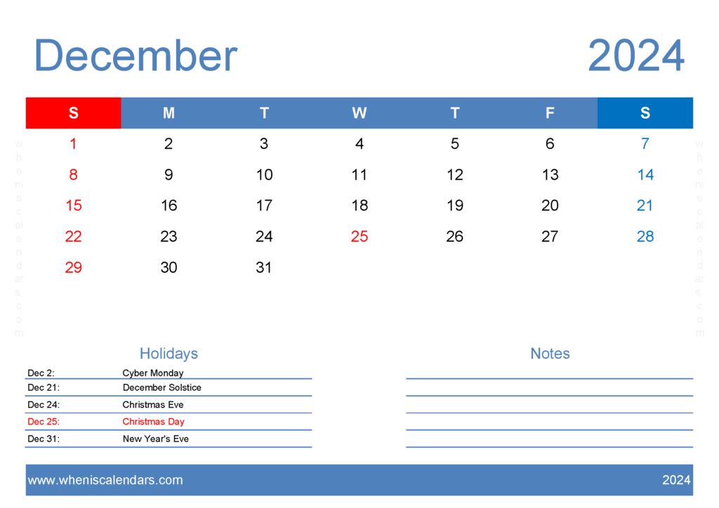 Download 2024 December Calendar Template A4 Horizontal 124127