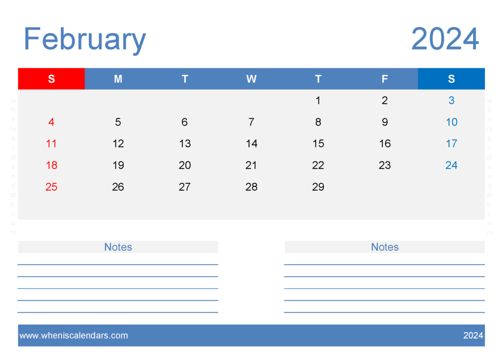 Download February 2024 Calendar page to print A4 Horizontal 24208