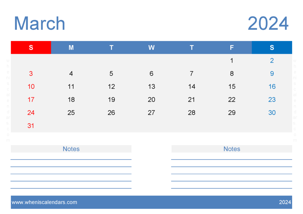 Download March 2024 Calendar page to print A4 Horizontal 34208