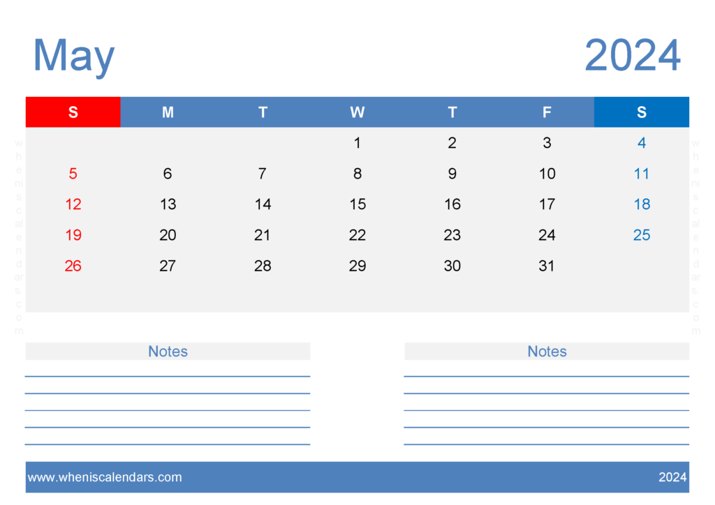Download May 2024 Calendar page to print A4 Horizontal 54208