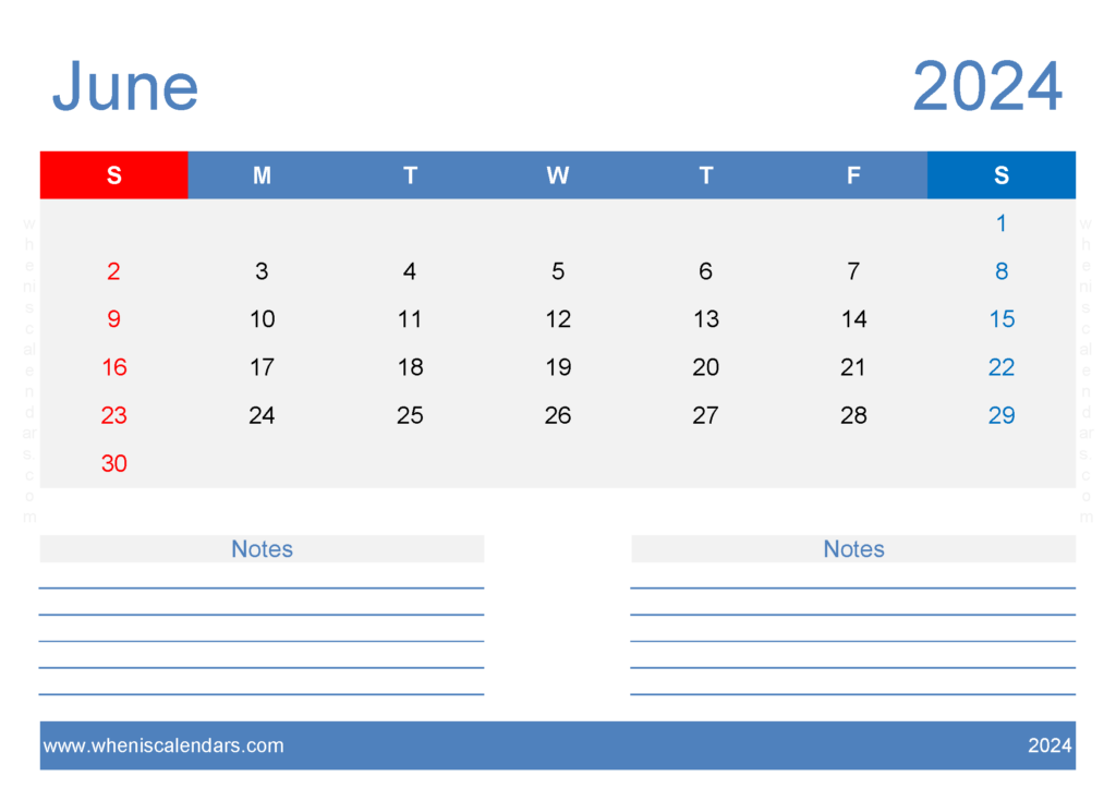 Download June 2024 Calendar page to print A4 Horizontal 64208