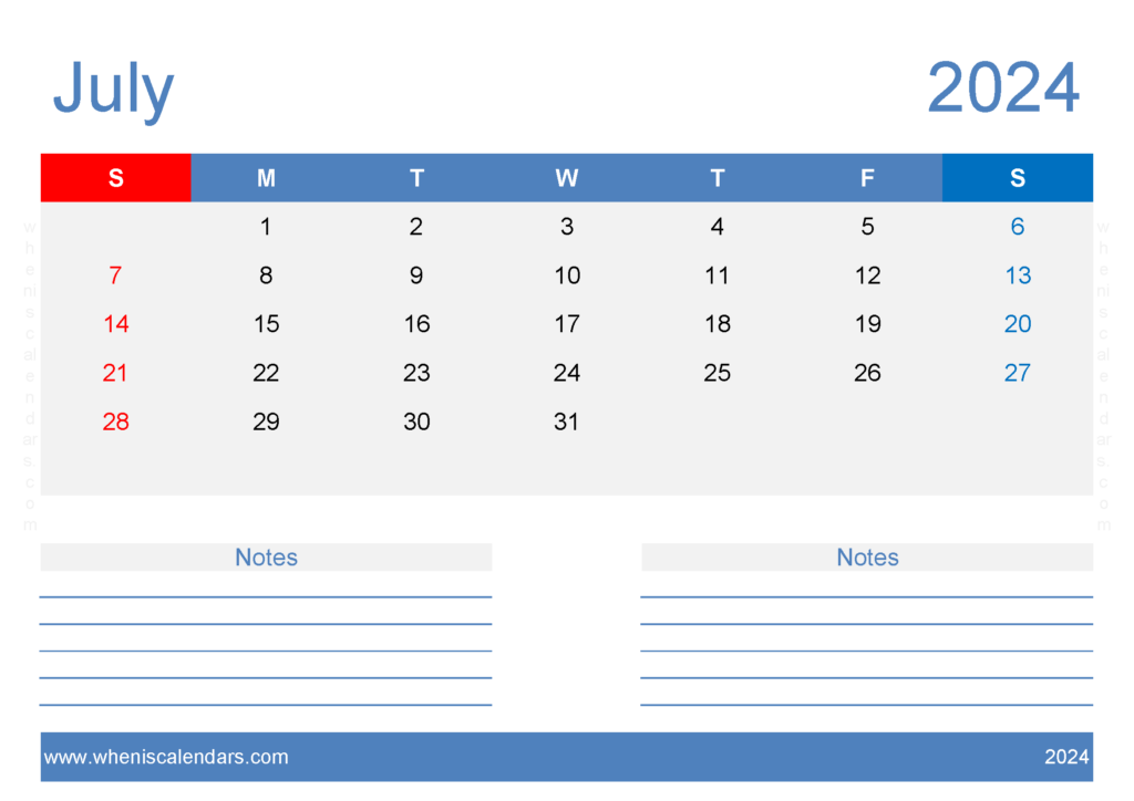 Download July 2024 Calendar page to print A4 Horizontal 74208