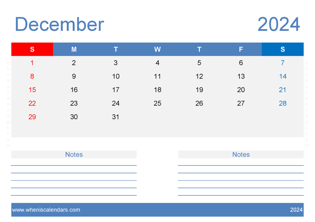 Download December 2024 Calendar page to print A4 Horizontal 124208