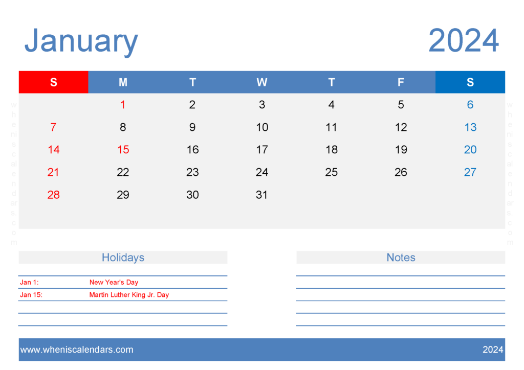 Download Jan 2024 Free Printable Calendar A4 Horizontal J4128