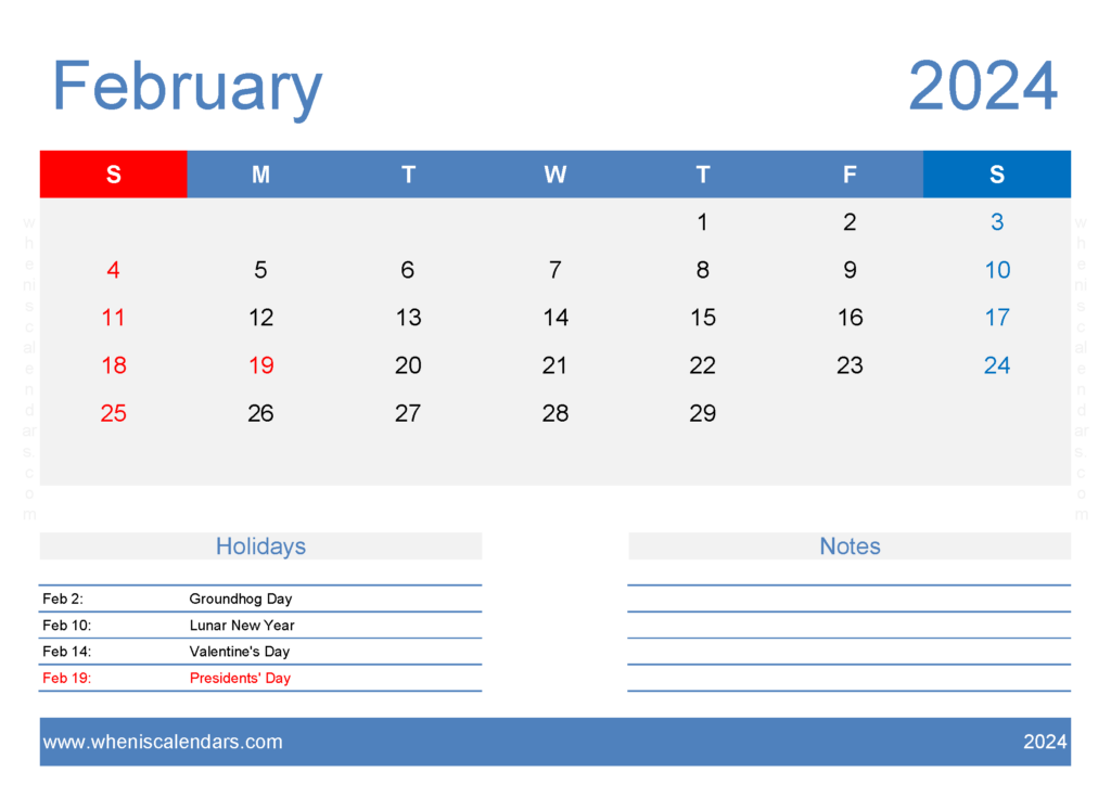 Download Feb 2024 Free Printable Calendar A4 Horizontal 24128