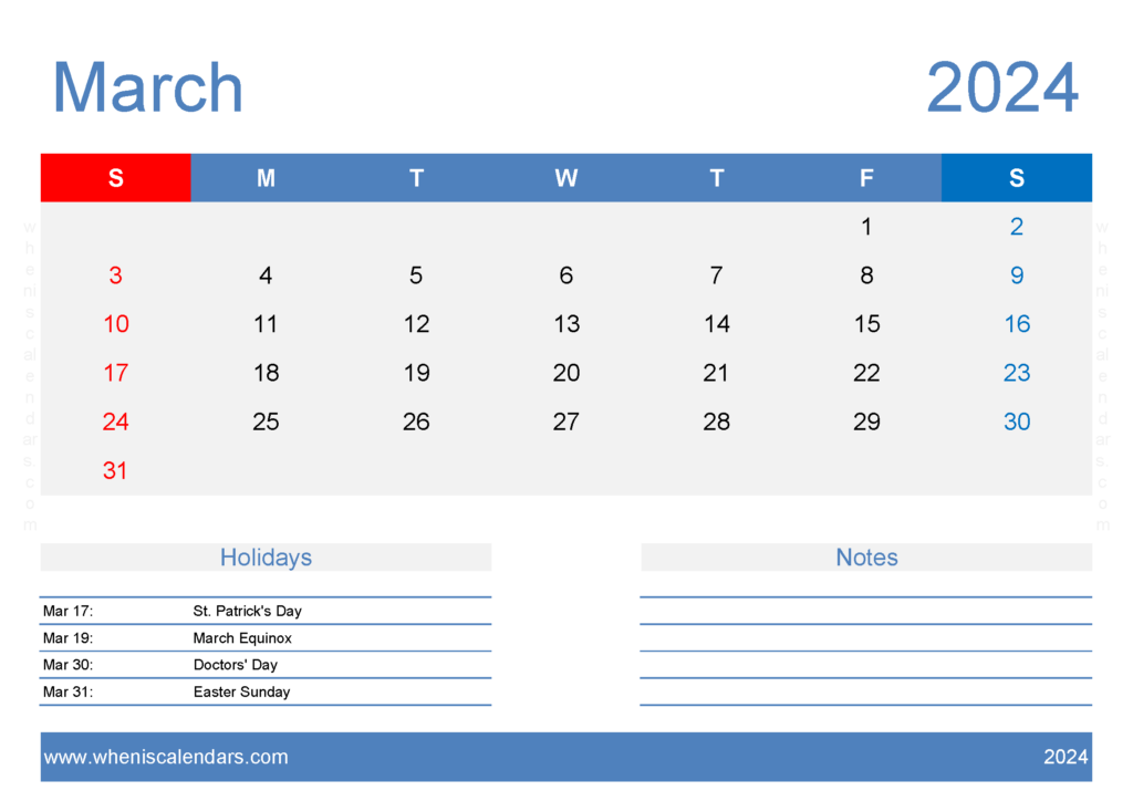 Download Mar 2024 Free Printable Calendar A4 Horizontal 34128