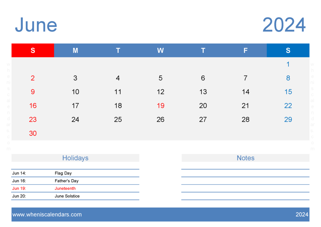 Download Jun 2024 Free Printable Calendar A4 Horizontal 64128