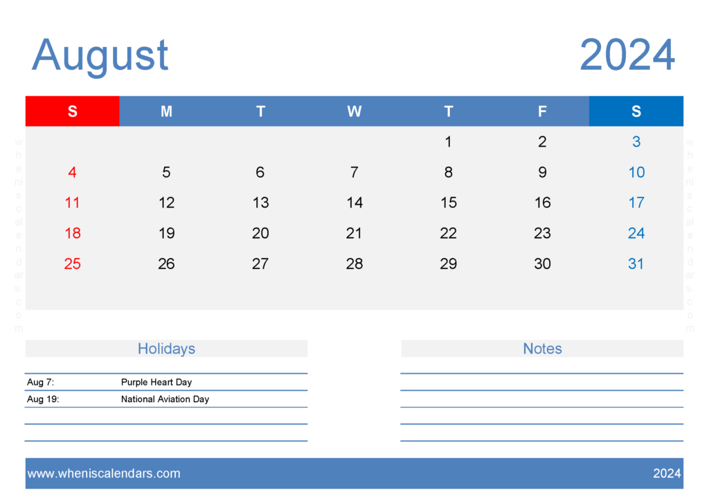 Download Aug 2024 Free Printable Calendar A4 Horizontal 84128