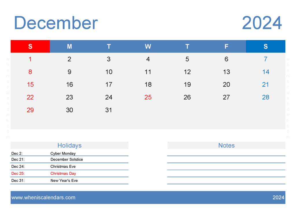 Download Dec 2024 Free Printable Calendar A4 Horizontal 124128
