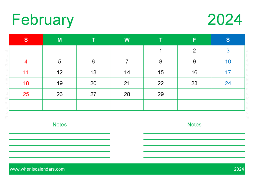 Download Free Blank February 2024 Calendar A4 Horizontal 24209