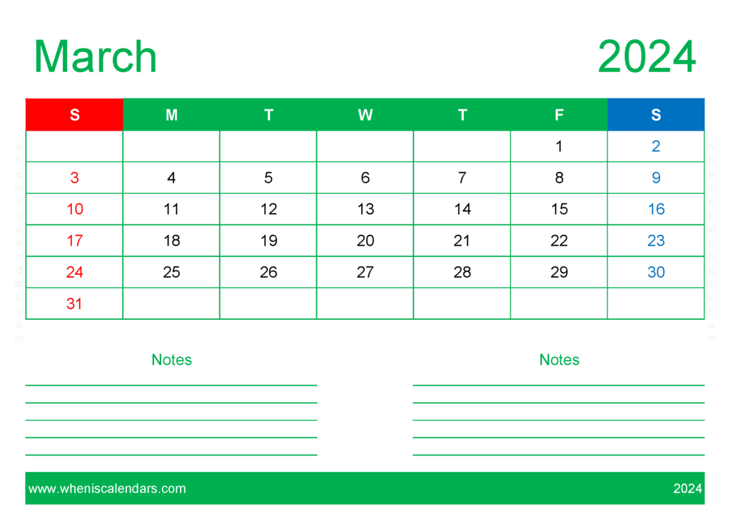 Download Free Blank March 2024 Calendar A4 Horizontal 34209