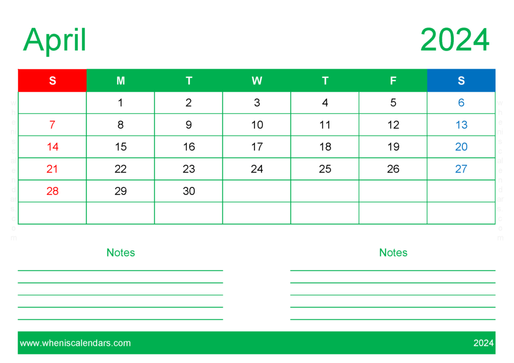 Download Free Blank April 2024 Calendar A4 Horizontal 44209