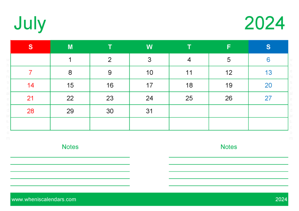 Download Free Blank July 2024 Calendar A4 Horizontal 74209