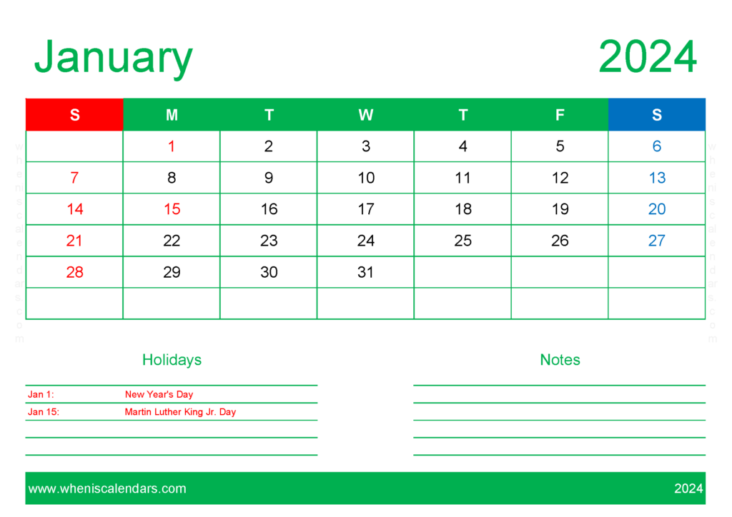 Download Printable monthly Calendar 2024 January A4 Horizontal J4129