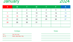 Download Printable monthly Calendar 2024 January A4 Horizontal J4129