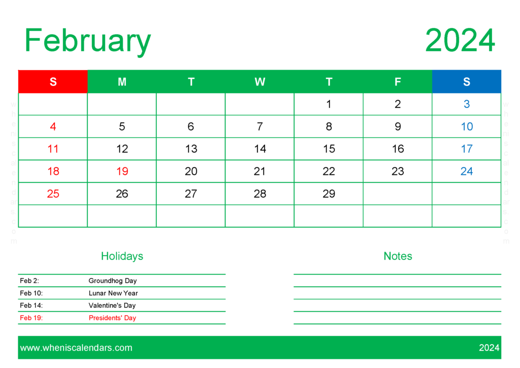 Download Printable monthly Calendar 2024 February A4 Horizontal 24129