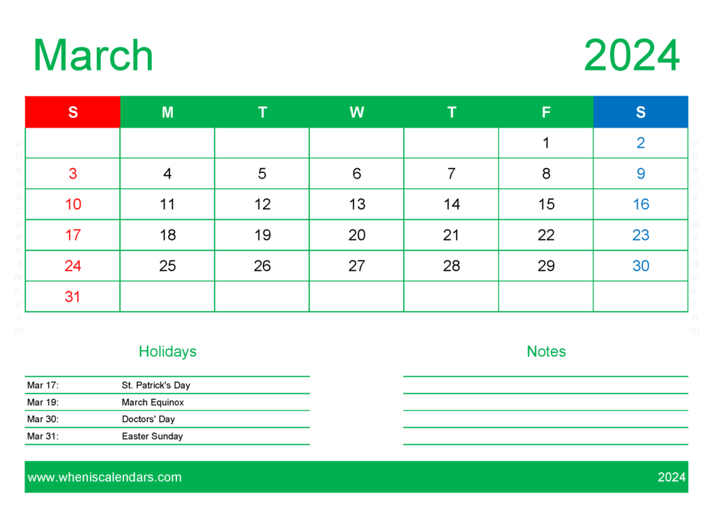 Download Printable monthly Calendar 2024 March A4 Horizontal 34129