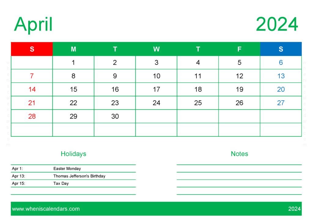 Download Printable monthly Calendar 2024 April A4 Horizontal 44129