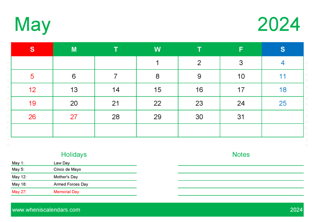 Download Printable monthly Calendar 2024 May A4 Horizontal 54129