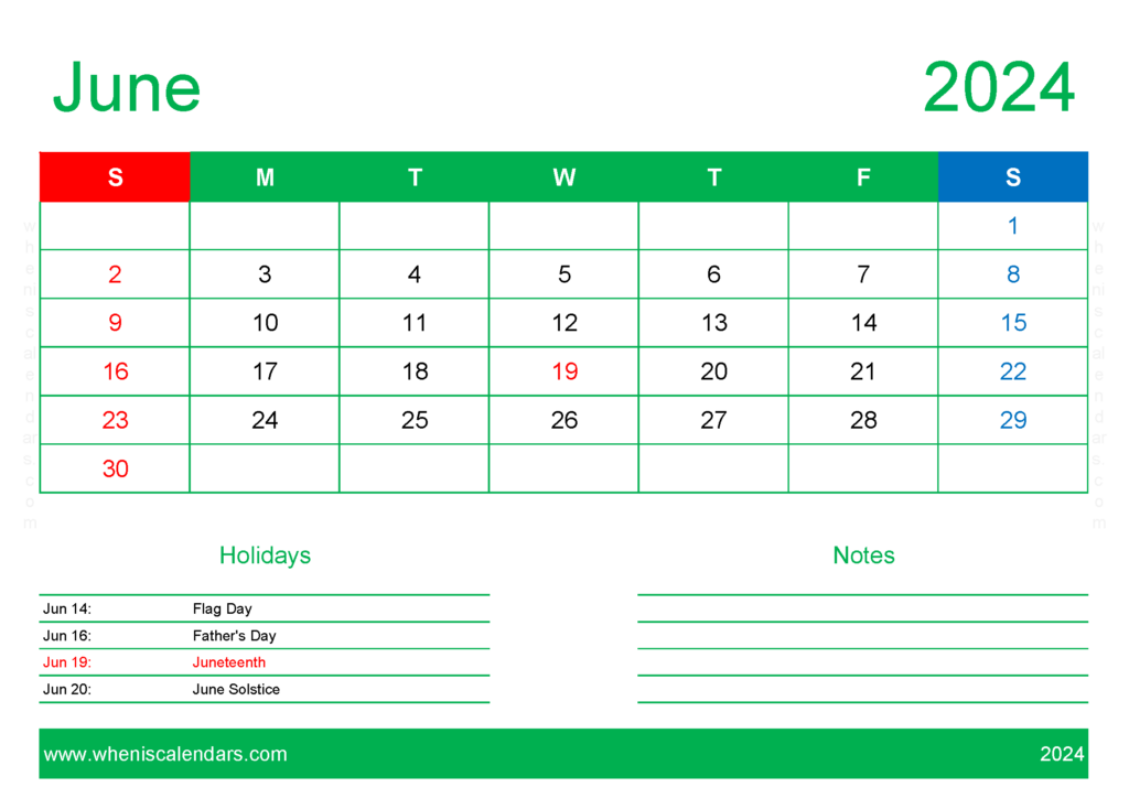 Download Printable monthly Calendar 2024 June A4 Horizontal 64129
