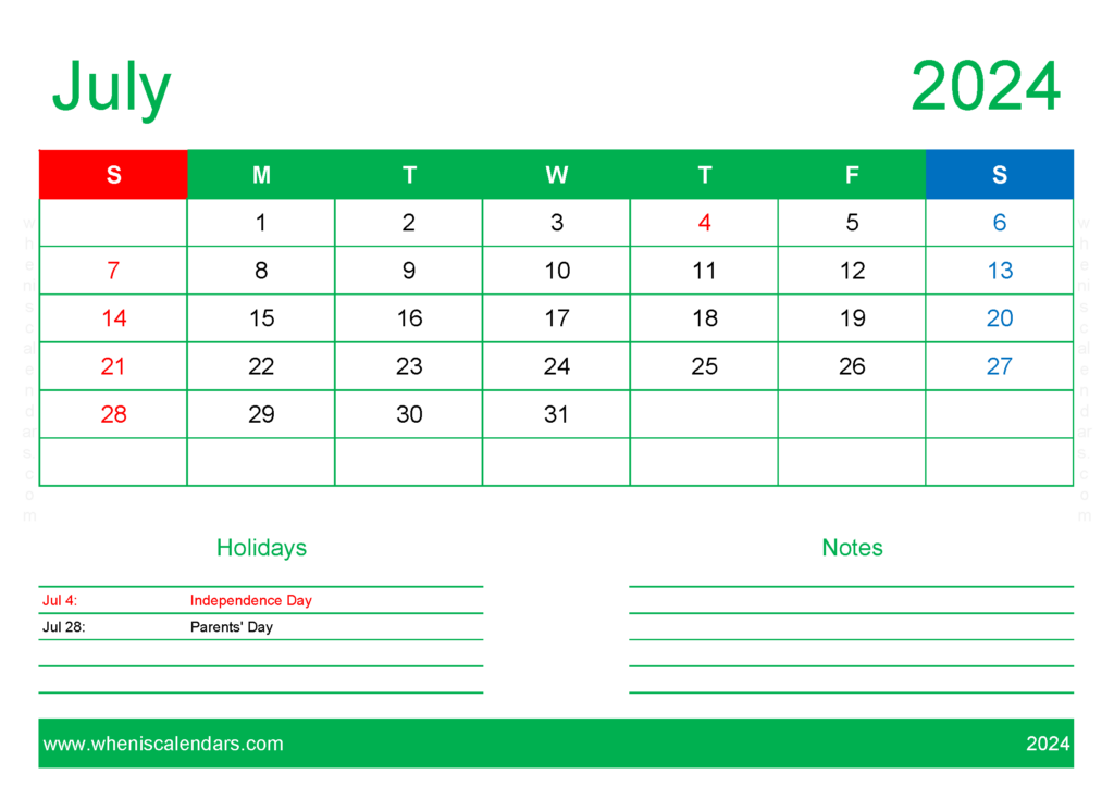Download Printable monthly Calendar 2024 July A4 Horizontal 74129