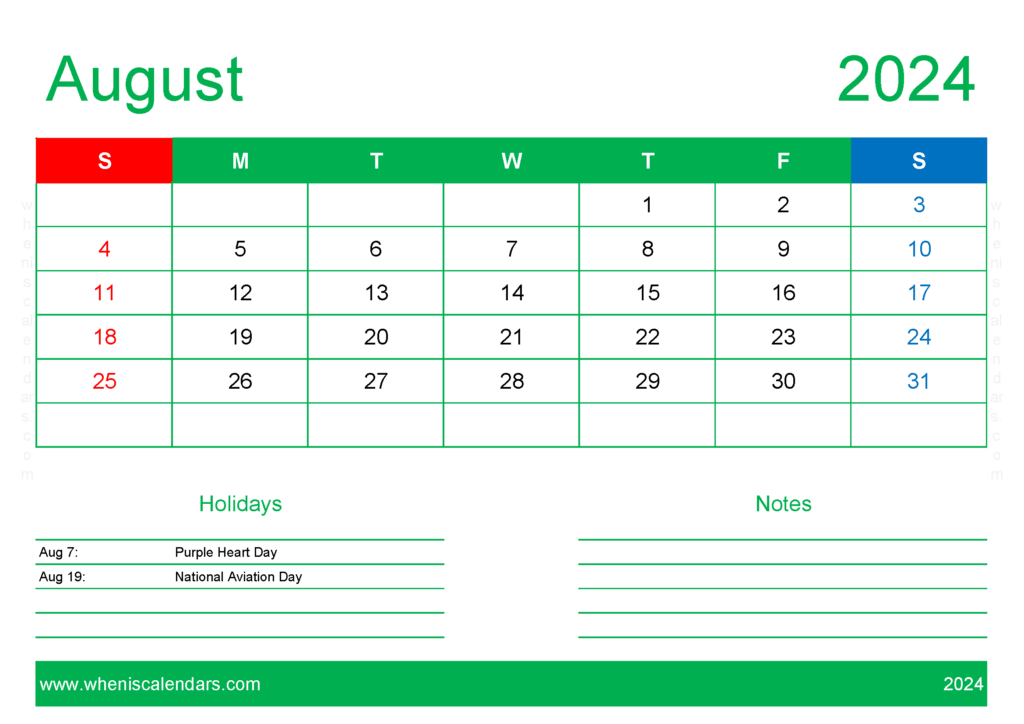 Download Printable monthly Calendar 2024 August A4 Horizontal 84129