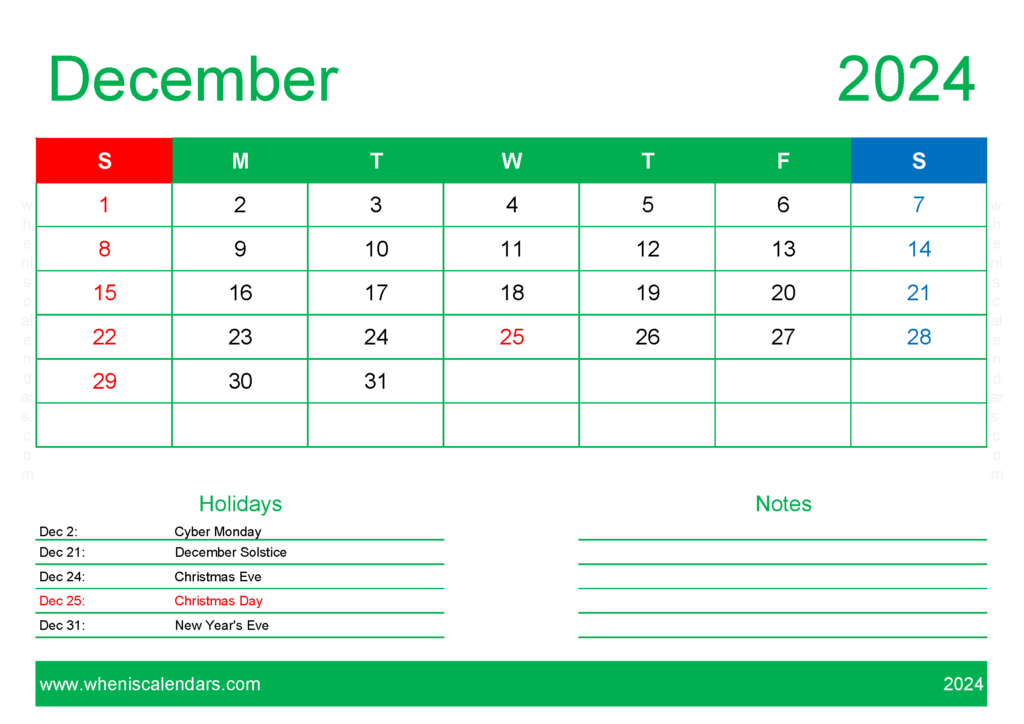 Download Printable monthly Calendar 2024 December A4 Horizontal 124129