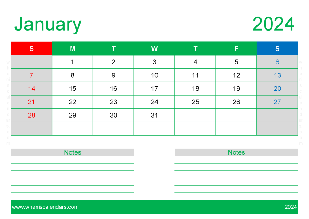 Download January month 2024 Holidays A4 Horizontal J4210